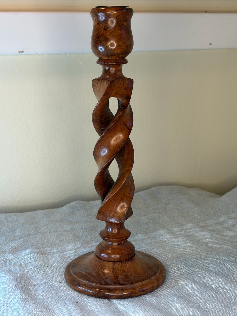 Hand-Carved Brown Wooden Barley twist Spiral Candlestick Holder